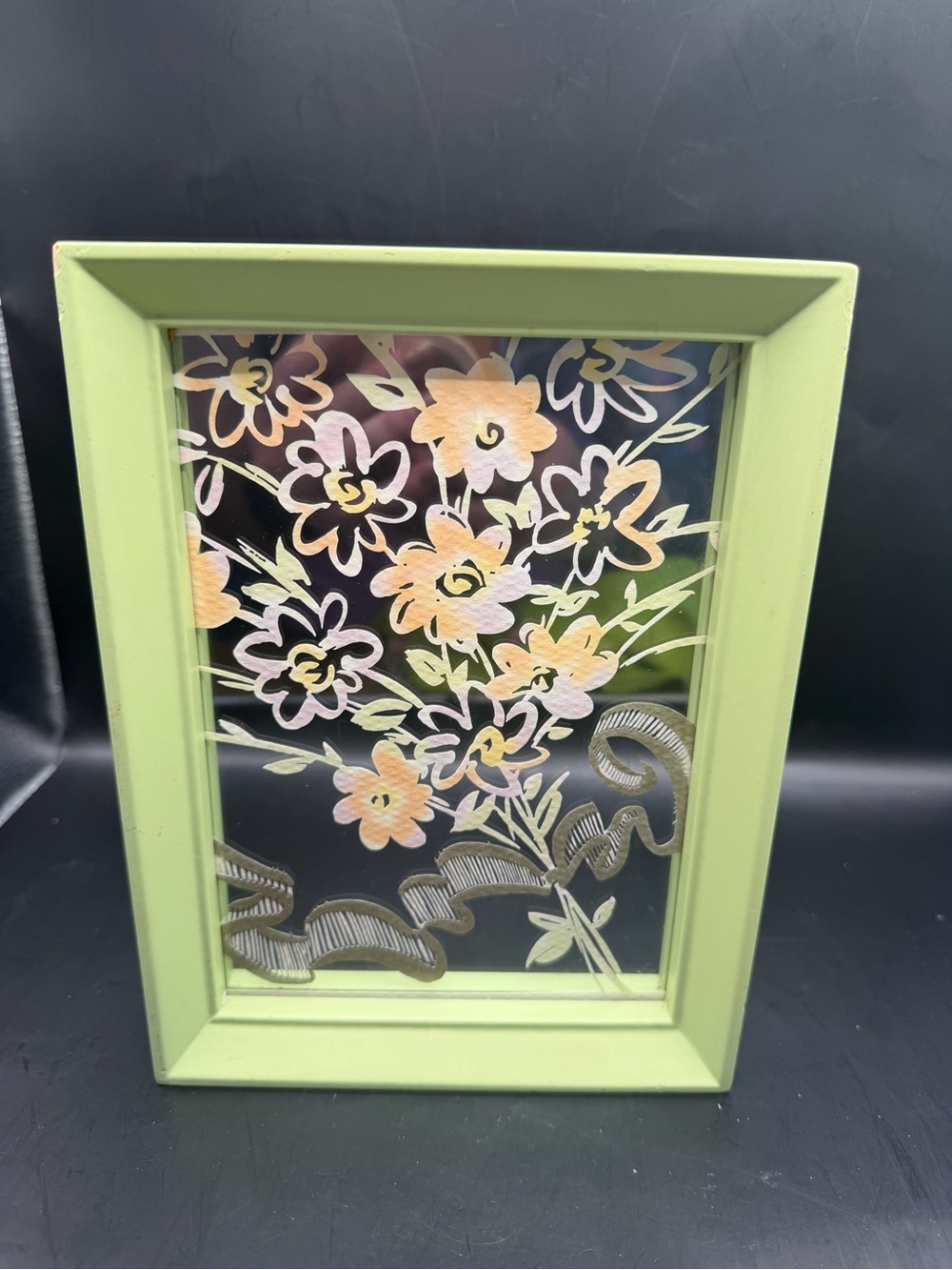 Vintage Floral Reverse Painted Glass Wall Art Green Frame